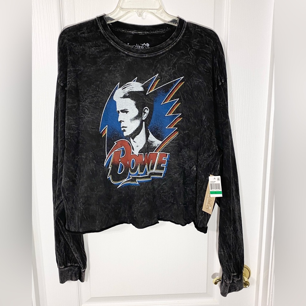 NWT True Vintage DAVID BOWIE Cropped Long Sleeve Tee Acid Washed Black Large